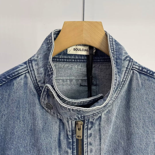 Herren Relaxed Denim-Utility-Jacke mit Stehkragen und kontrastierter Brusttasche Nord Taschen