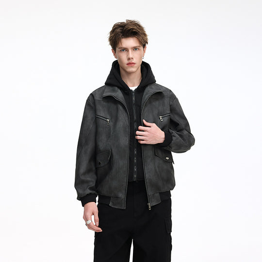 Herren Oversize-Blouson aus Kunstleder mit abnehmbarem Kapuzen‑Einsatz, Stehkragen und Utility‑Taschen Nord Taschen