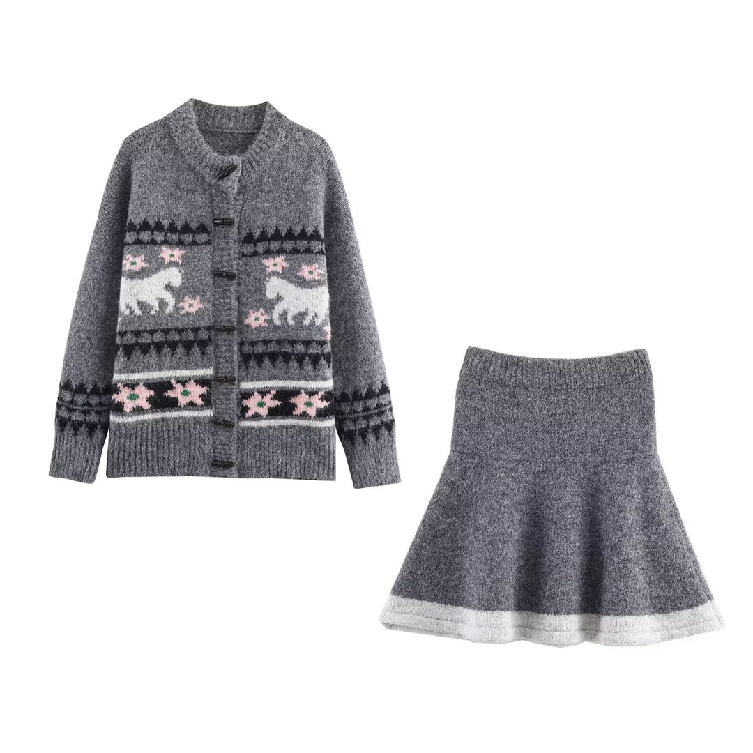 Damen Zweiteiliges Strick-Set mit Norwegermuster-Cardigan und ausgestelltem Rock Nord Taschen