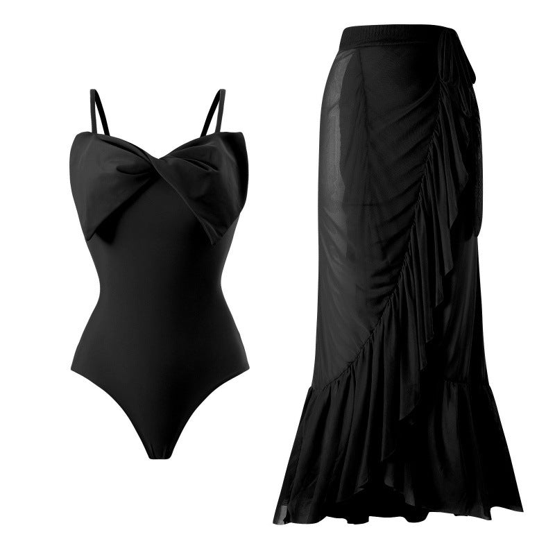Damen Einteiler Badeanzug mit stylischem Wickelrock und glamourösem Schleifendetail Nord Taschen