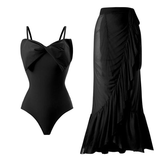 Damen Einteiler Badeanzug mit stylischem Wickelrock und glamourösem Schleifendetail Nord Taschen