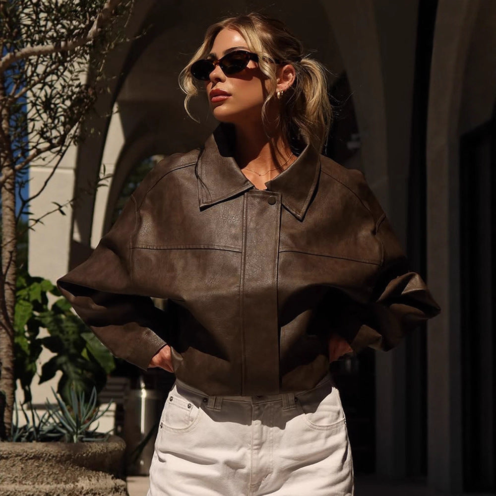 Damen Boxy Cropped Lederimitat‑Blouson mit Oversize‑Schulter Nord Taschen