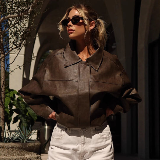 Damen Boxy Cropped Lederimitat‑Blouson mit Oversize‑Schulter Nord Taschen