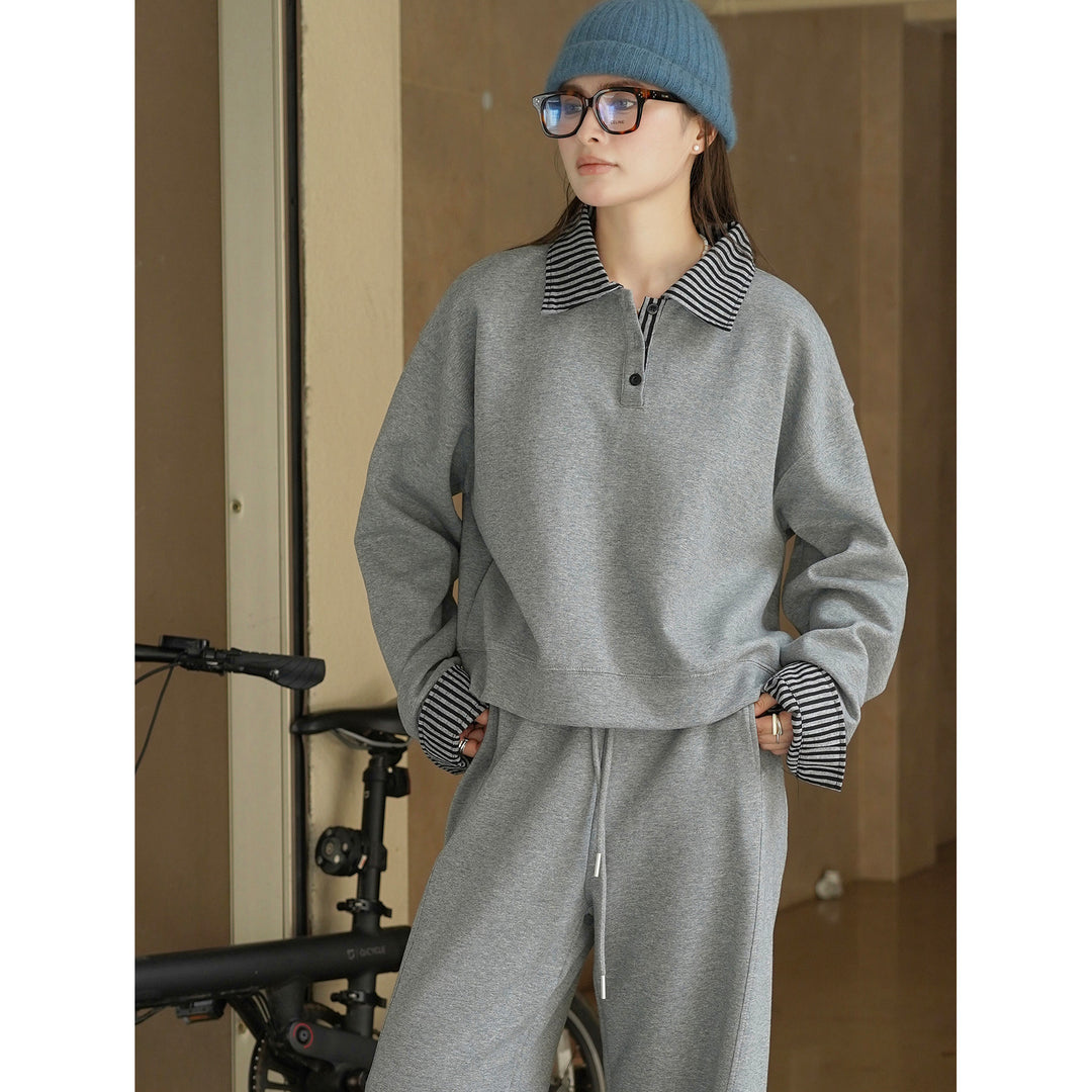 Damen Relaxed-Fit Sweatshirt mit gestreiftem Kragen- und Manschettenbesatz Nord Taschen