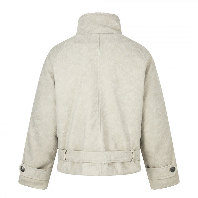 Herren Kurz geschnittene doppelt geknöpfte Aviator‑Jacke mit Teddyfutter, Stehkragen und Taillengürtel Nord Taschen