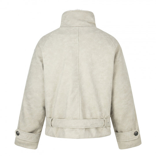 Herren Kurz geschnittene doppelt geknöpfte Aviator‑Jacke mit Teddyfutter, Stehkragen und Taillengürtel Nord Taschen