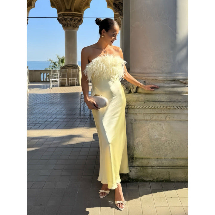 Damen Satin Abendkleid mit Federn