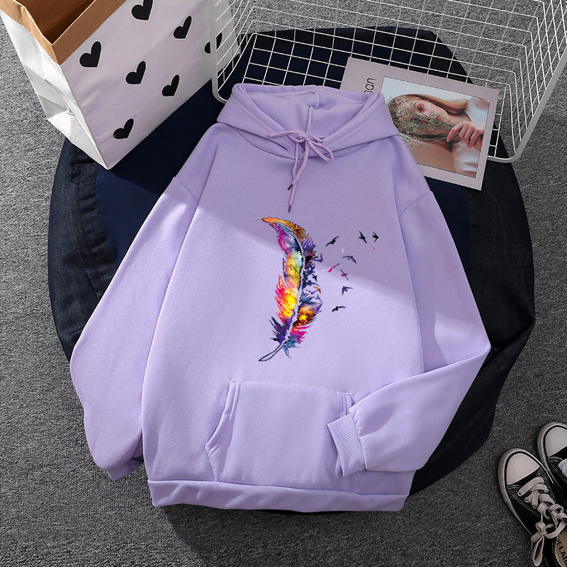 Damen nan Kapuzenpullover mit künstlerischem Aquarell‑Federmotiv, Oversize‑Schnitt und Kängurutasche Nord Taschen