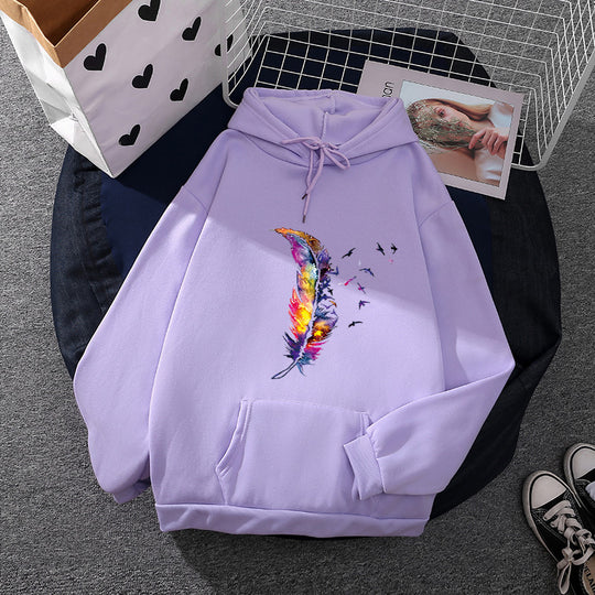 Damen nan Kapuzenpullover mit künstlerischem Aquarell‑Federmotiv, Oversize‑Schnitt und Kängurutasche Nord Taschen