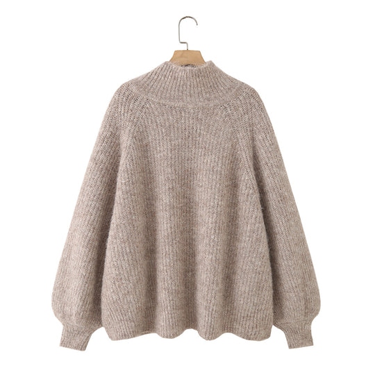 Damen Oversize Mohair-Optik Strickpullover mit Stehkragen und Ballonärmeln Nord Taschen