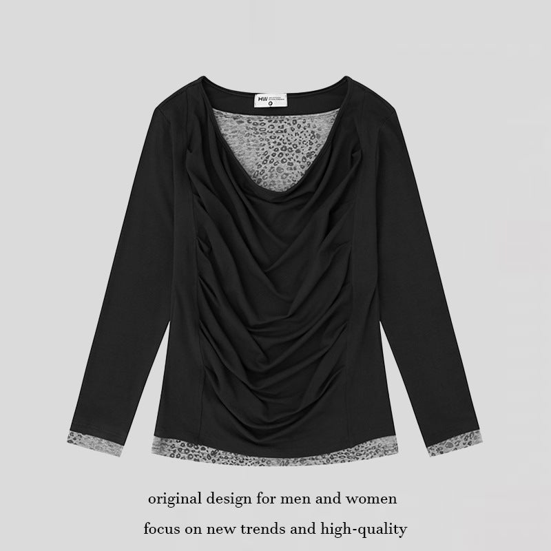 Damen Figurumschmeichelndes Langarmshirt mit Wasserfall-Drapierung und Animal-Inneneinsatz Nord Taschen