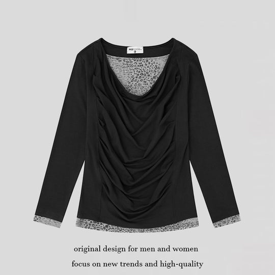 Damen Figurumschmeichelndes Langarmshirt mit Wasserfall-Drapierung und Animal-Inneneinsatz Nord Taschen