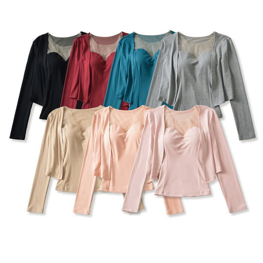 Damen Zweiteiliges Feinstrick-Top-Set mit Mesh-Einsatz und offenem Cardigan Nord Taschen
