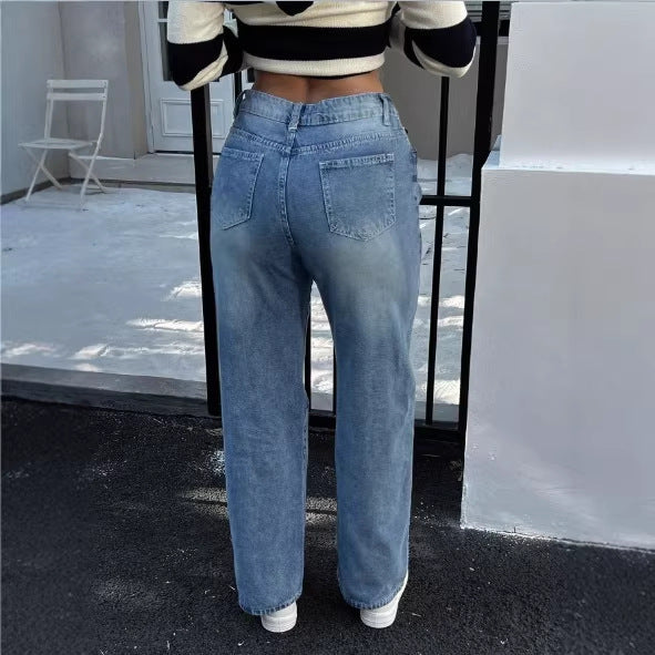 Damen hochtaillierte Relaxed‑Straight Denim‑Jeans mit weitem Bein und dezenten Destroy‑Details Nord Taschen