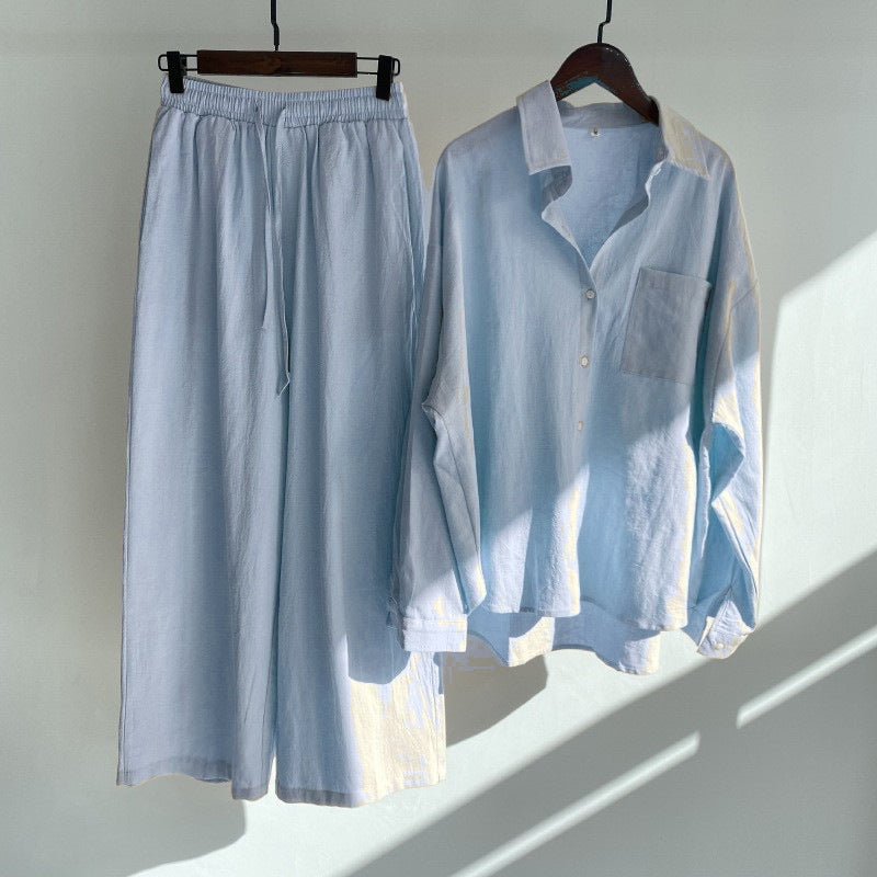 Damen Lockeres Zweiteiliges Viskose-Loungewear-Set mit Hemdbluse und weiter Palazzohose Nord Taschen