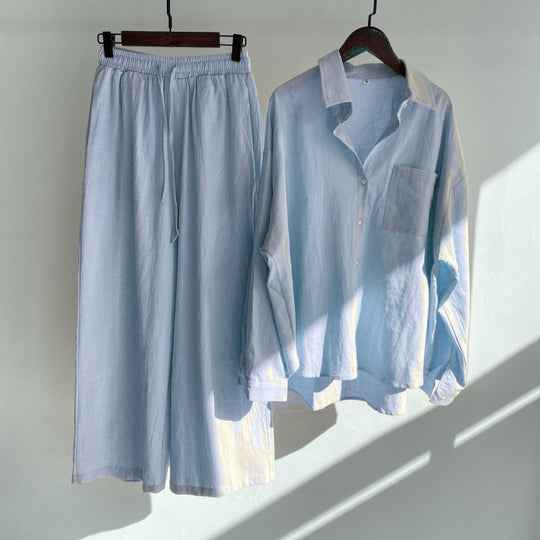 Damen Lockeres Zweiteiliges Viskose-Loungewear-Set mit Hemdbluse und weiter Palazzohose Nord Taschen