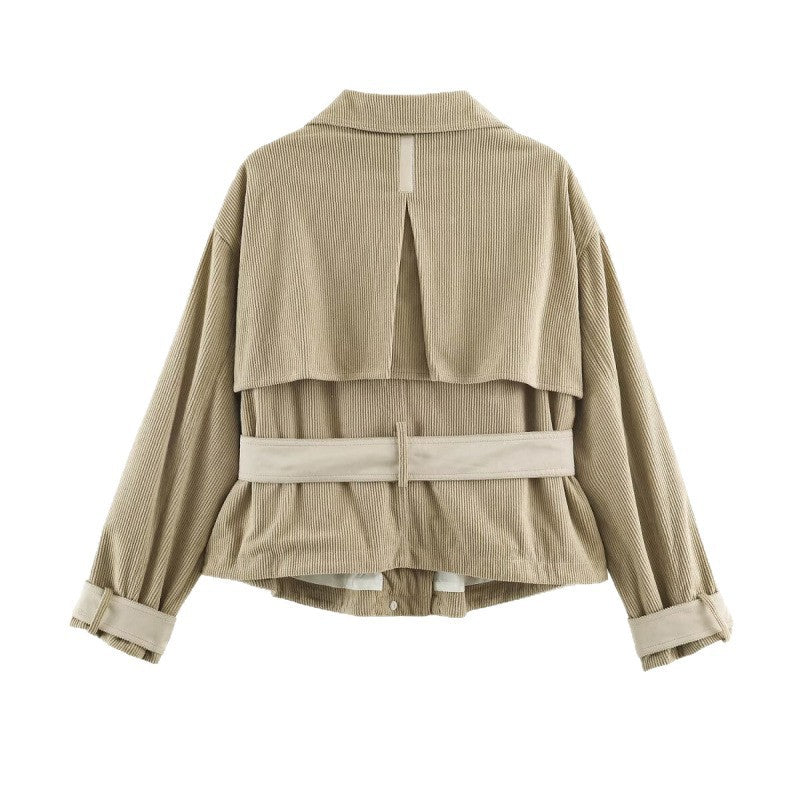 Damen Kurzjacke aus Cord mit taillierendem Gürtel und Druckknopfleiste Nord Taschen