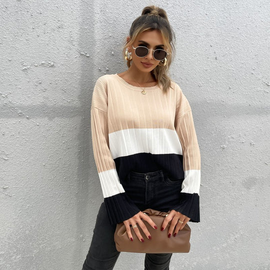 Damen Lässiger Strickpullover mit Rippstruktur und weiten Ärmeln Nord Taschen