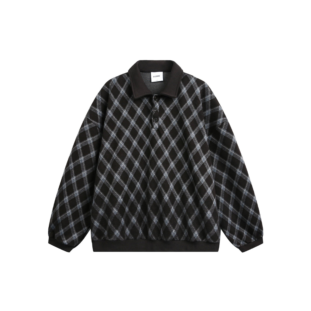 Damen Karierter Oversize‑Polo‑Pullover mit Halbknopfleiste und Rippbündchen Nord Taschen