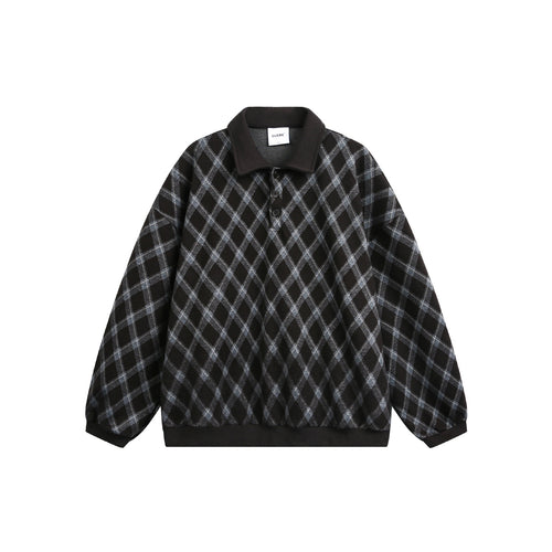 Damen Karierter Oversize‑Polo‑Pullover mit Halbknopfleiste und Rippbündchen Nord Taschen