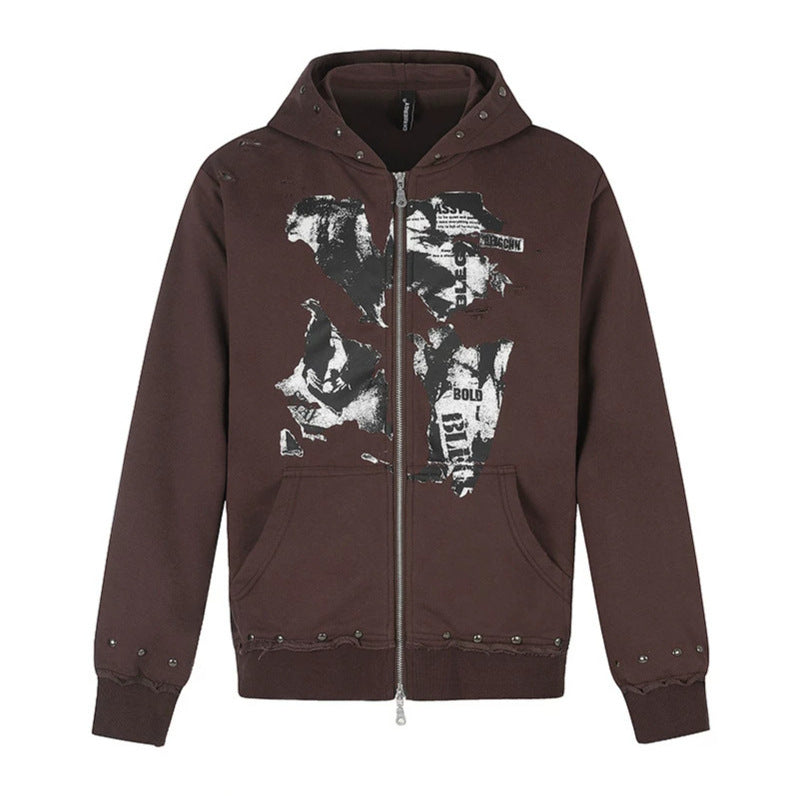Damen Kapuzen-Sweatjacke mit zweiseitigem Reißverschluss, ausgefranstem Saum, Nietenbesatz und Collage-Print Nord Taschen