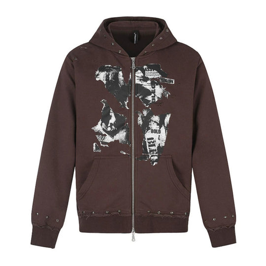 Damen Kapuzen-Sweatjacke mit zweiseitigem Reißverschluss, ausgefranstem Saum, Nietenbesatz und Collage-Print Nord Taschen