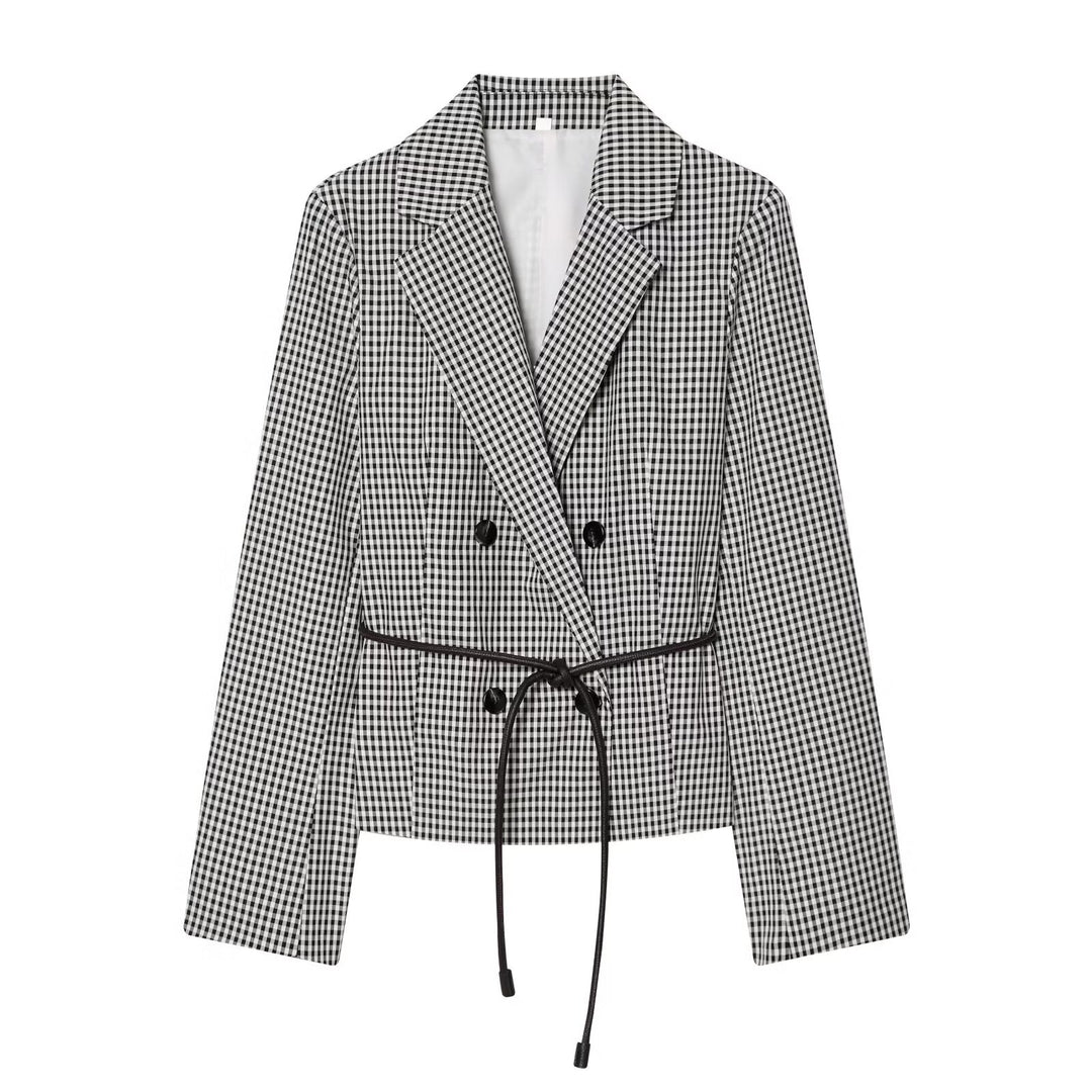 Damen Kurzblazer Doppelreihig im Vichy‑Karo mit Tunnelzug‑Taille Nord Taschen