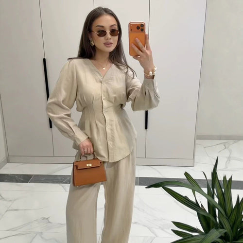 Damen V-Ausschnitt Blusen- und Culotte-Set mit Taillenfalten und weiten Beinen Nord Taschen