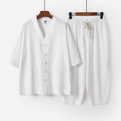 Unisex Leichtes Kimono-Lounge-Set aus Baumwoll-Leinen mit Kurzarmjacke und Kordelbund-Hose Nord Taschen