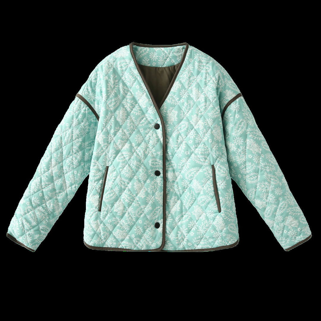 Damen Steppjacke mit Paisley‑Muster, V‑Ausschnitt und kontrastierender Paspelierung Nord Taschen