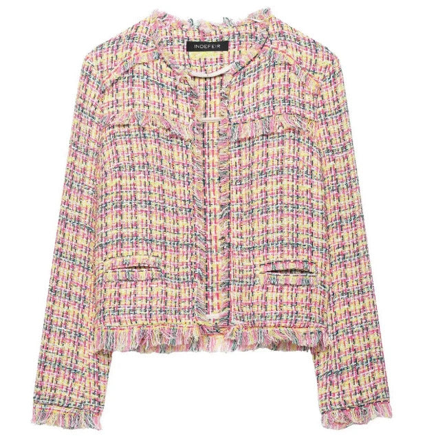 Damen Cropped Bouclé‑Tweed‑Blazer im Chanelstil mit Fransenabschlüssen Nord Taschen