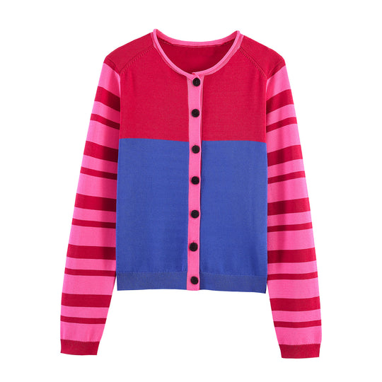 Damen Strickcardigan mit Colorblock-Front und gestreiften Ärmeln Nord Taschen