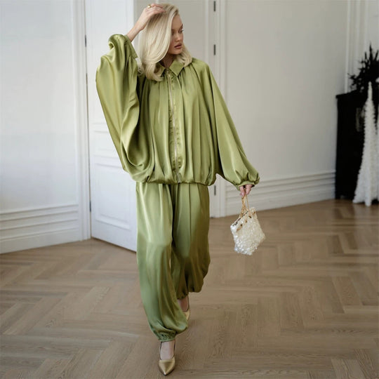 Damen Elegantes Satin-Zweiteiler-Set mit Oversize-Blouson und weiter Palazzo-Hose Nord Taschen