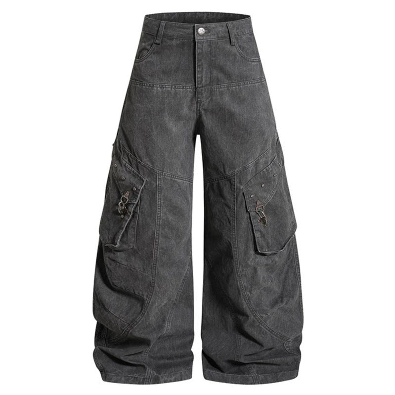 Damen Weite High‑Waist Cargo‑Culotte‑Jeanshose mit Pattentaschen und Vintage‑Wash Nord Taschen