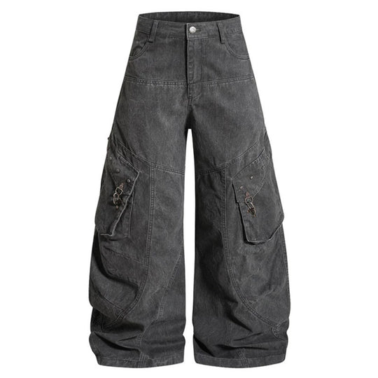 Damen Weite High‑Waist Cargo‑Culotte‑Jeanshose mit Pattentaschen und Vintage‑Wash Nord Taschen
