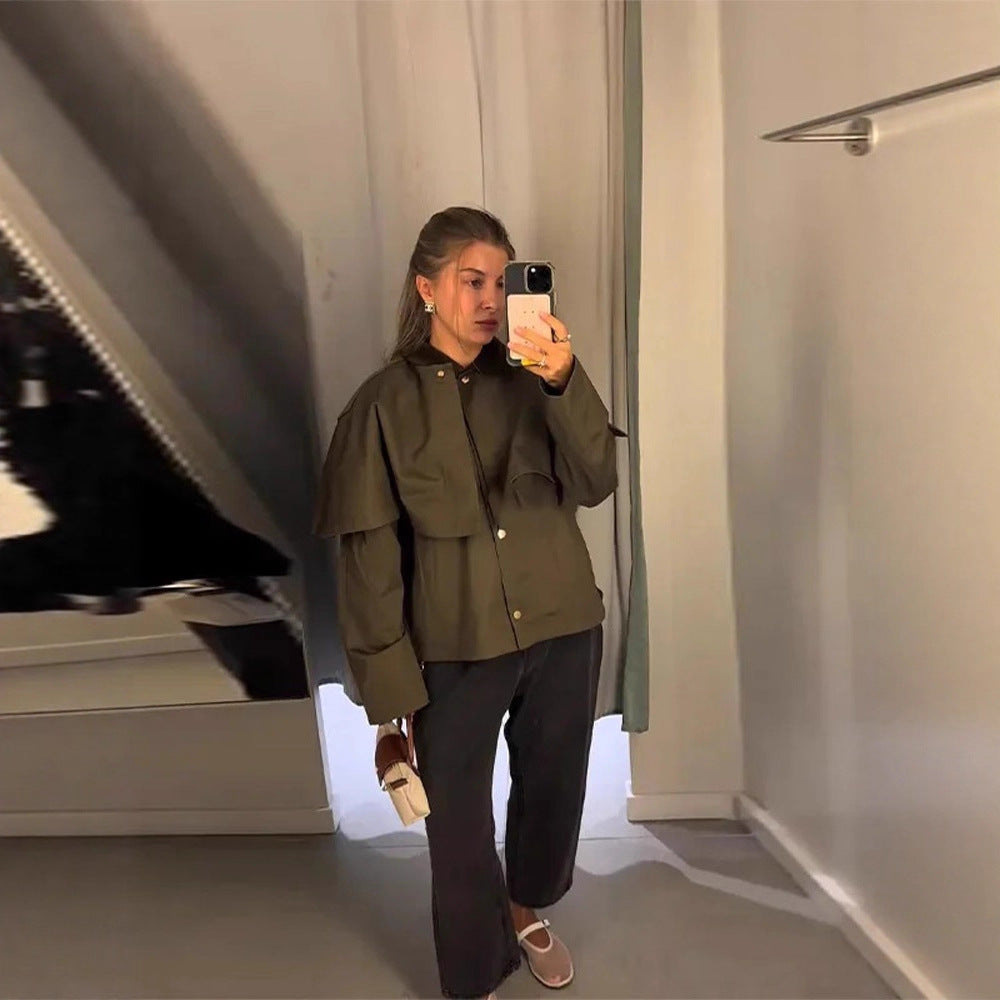 Damen Kurztrenchjacke mit Cape-Overlay und Oversize-Ärmeln Nord Taschen