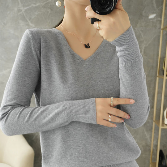 Damen leichter V-Ausschnitt Kaschmir-Look Feinstrickpullover Nord Taschen