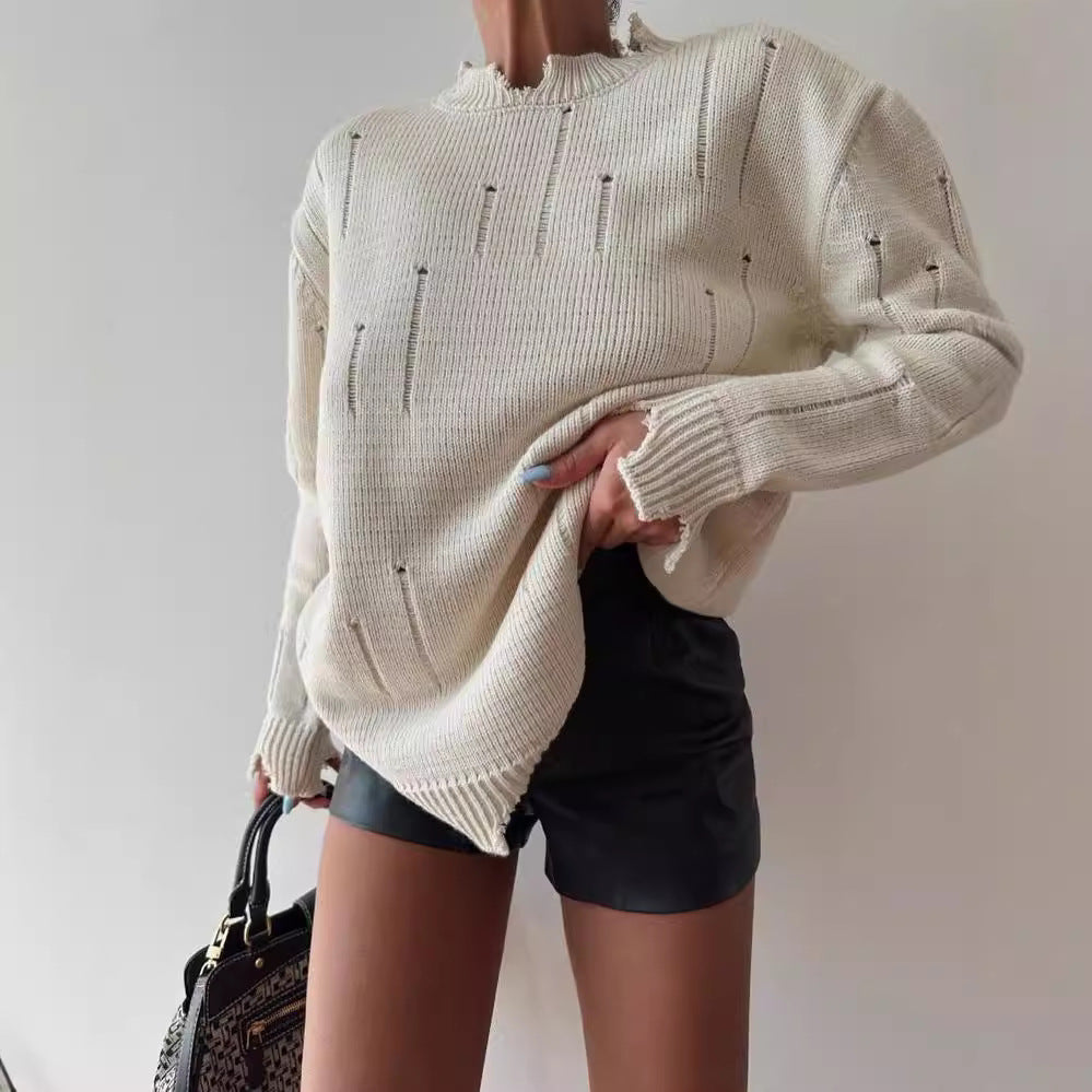 Damen Oversized Grobstrickpullover mit Distressed-Details und geripptem Saum Nord Taschen