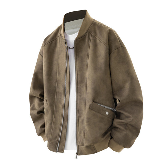 Herren Velours-Optik Bomberjacke im Boxy‑Cut mit Rippkragen, Frontreißverschluss & kombiniertem Zipper-/Klappenfach Nord Taschen
