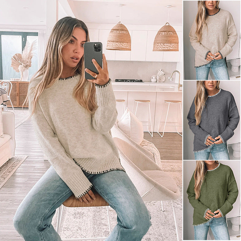 Damen Oversize Strickpullover mit Zierstichnaht, Rippbündchen und Rundhalsausschnitt Nord Taschen