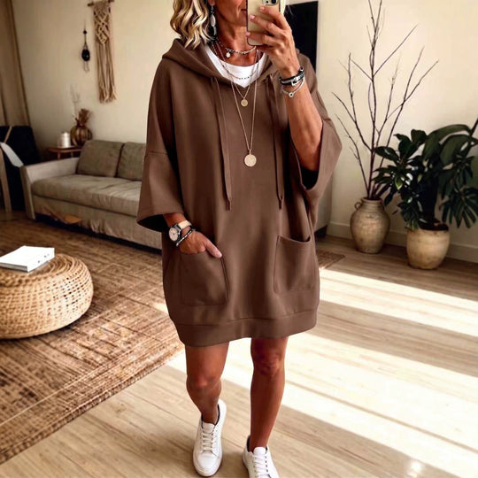 Damen Oversize Hoodie-Kleid mit Kängurutaschen und halblangen Ärmeln Nord Taschen
