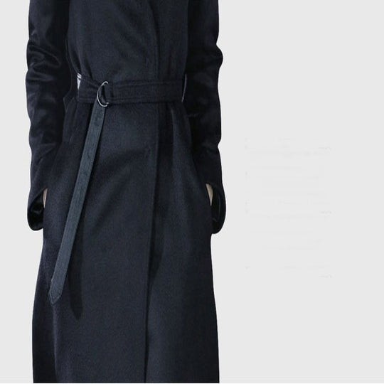 Damen Maxilanger taillierter Wickel-Longcoat mit Schalkragen und feinem Bindegürtel Nord Taschen