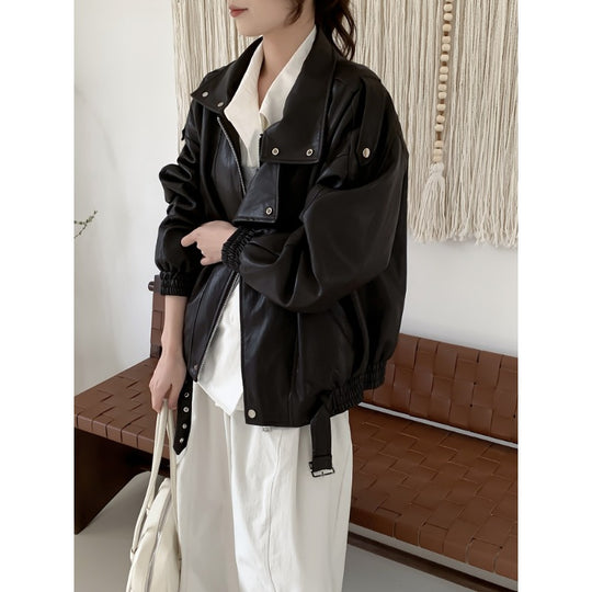 Damen Oversize Bikerjacke aus veganem Leder mit hohem Stehkragen und dekorativen Druckknöpfen Nord Taschen