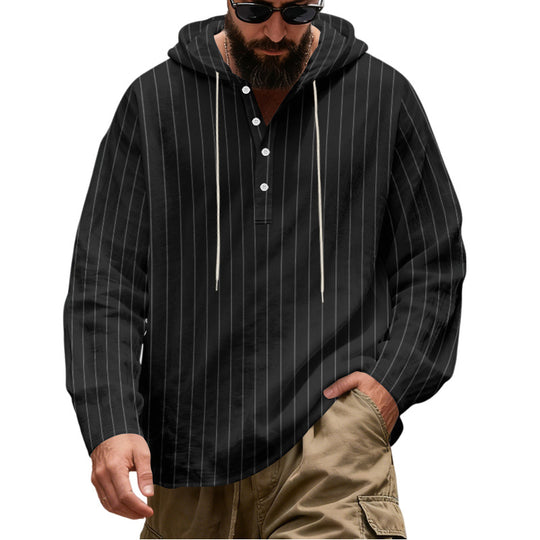 Herren Lässiges Kapuzen-Henleyshirt mit feinen Nadelstreifen und Knopfleiste Nord Taschen