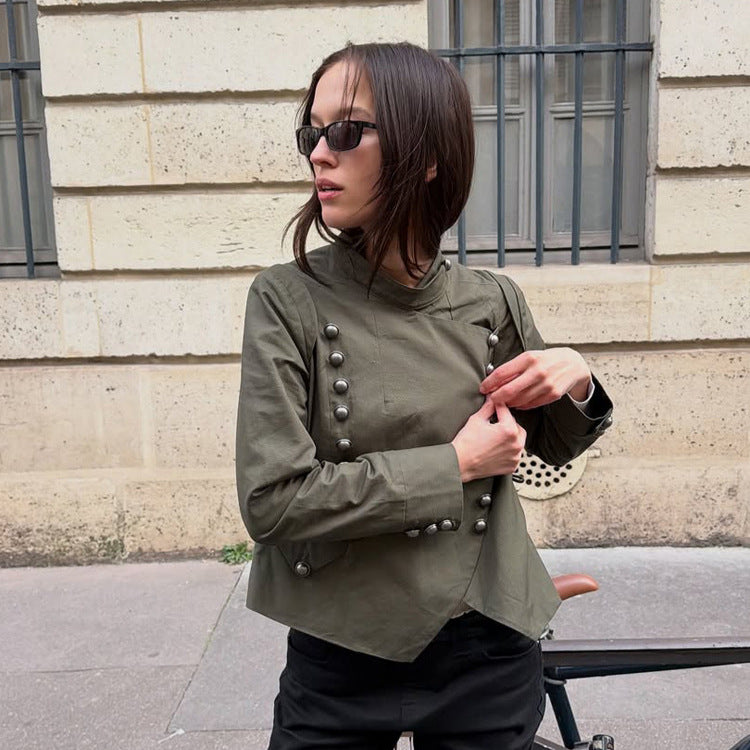 Damen Militärinspirierte Kurzjacke mit Stehkragen und Zierknopfleiste Nord Taschen
