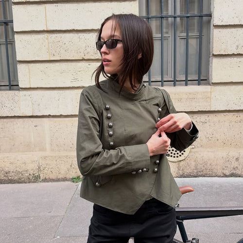 Damen Militärinspirierte Kurzjacke mit Stehkragen und Zierknopfleiste Nord Taschen