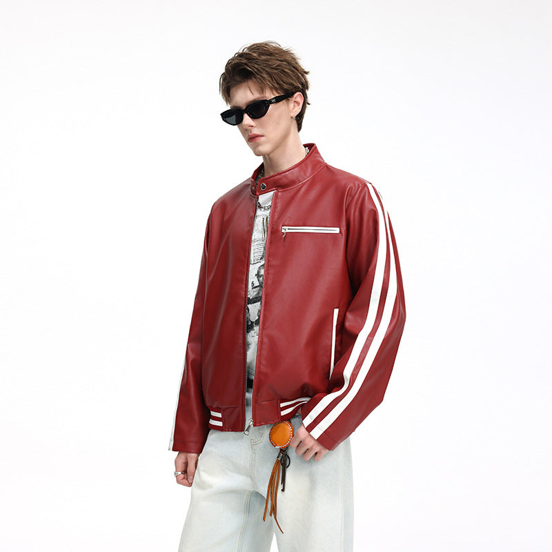 Herren Lederimitat-Collegejacke mit Kontraststreifen, Reißverschlusstaschen und Stehkragen Nord Taschen