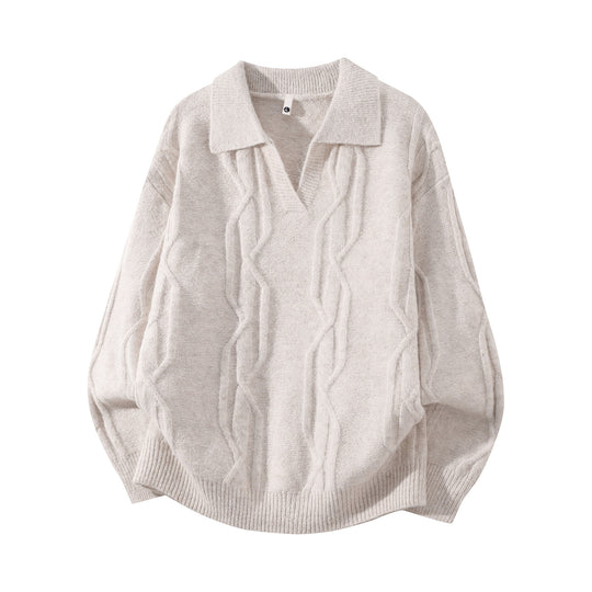 Damen Oversize Mohair‑Optik Zopfstrickpullover mit Polokragen und V‑Ausschnitt Nord Taschen