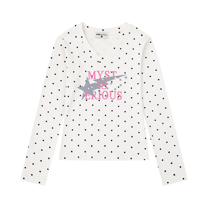 Damen Langarmshirt mit V-Ausschnitt, Polka-Dots und Statement-Print aus Baumwolljersey Nord Taschen