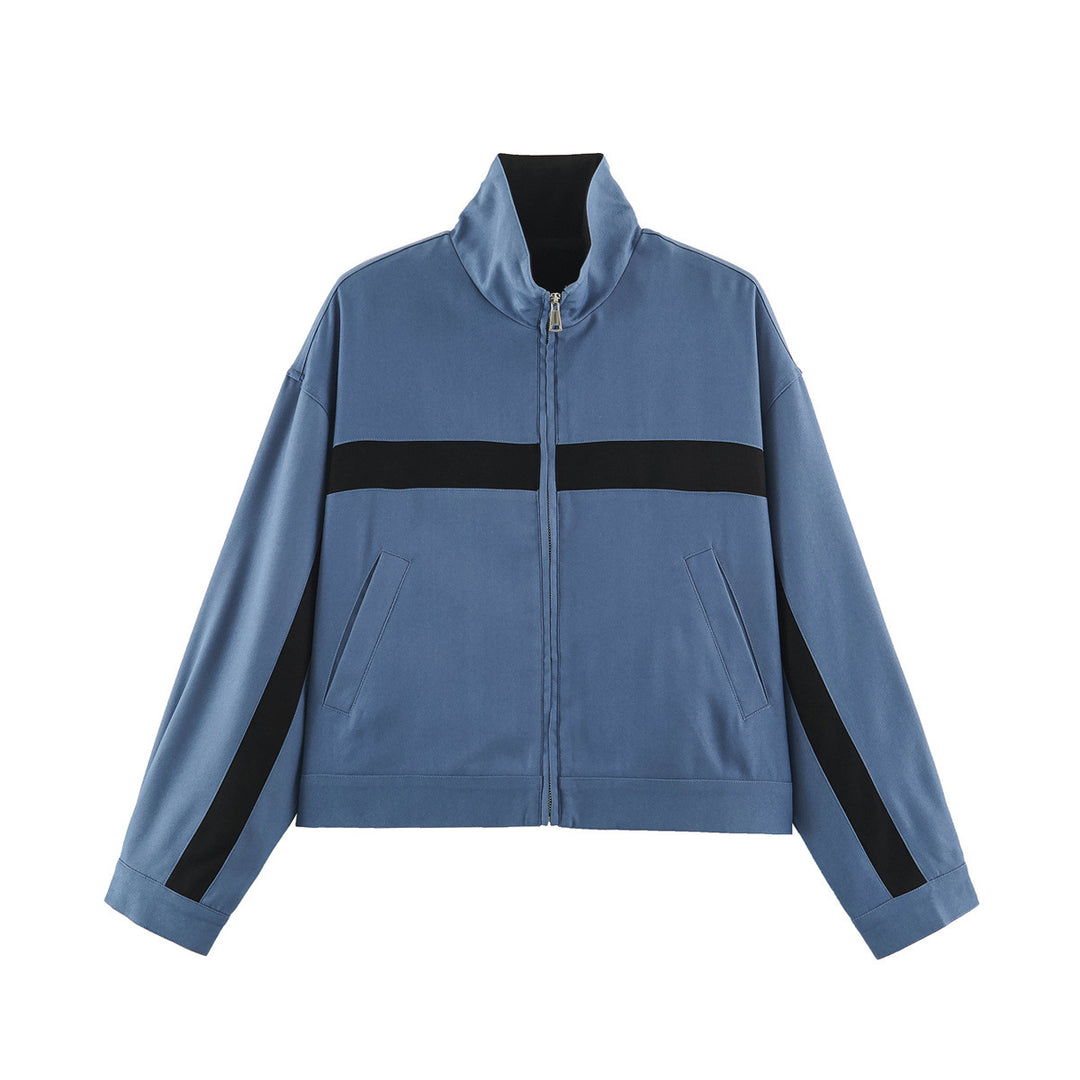 Damen Cropped Boxy-Trackjacke mit Stehkragen und Kontraststreifen Nord Taschen